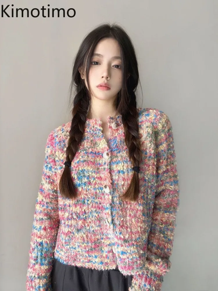קימוטימו קשת קשת סרוג נשים קרדיגן סתיו חורף רזה צוואר עגול קצר מעיל סוודר