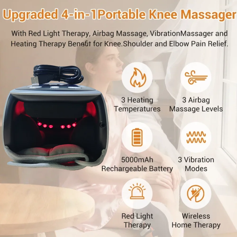 مدلك الركبة اللاسلكي 4 مستويات الأشعة تحت الحمراء الحرارة والاهتزاز الضوء الأحمر والعلاج بالتدليك مع شاشة LED هدايا للرجال والنساء