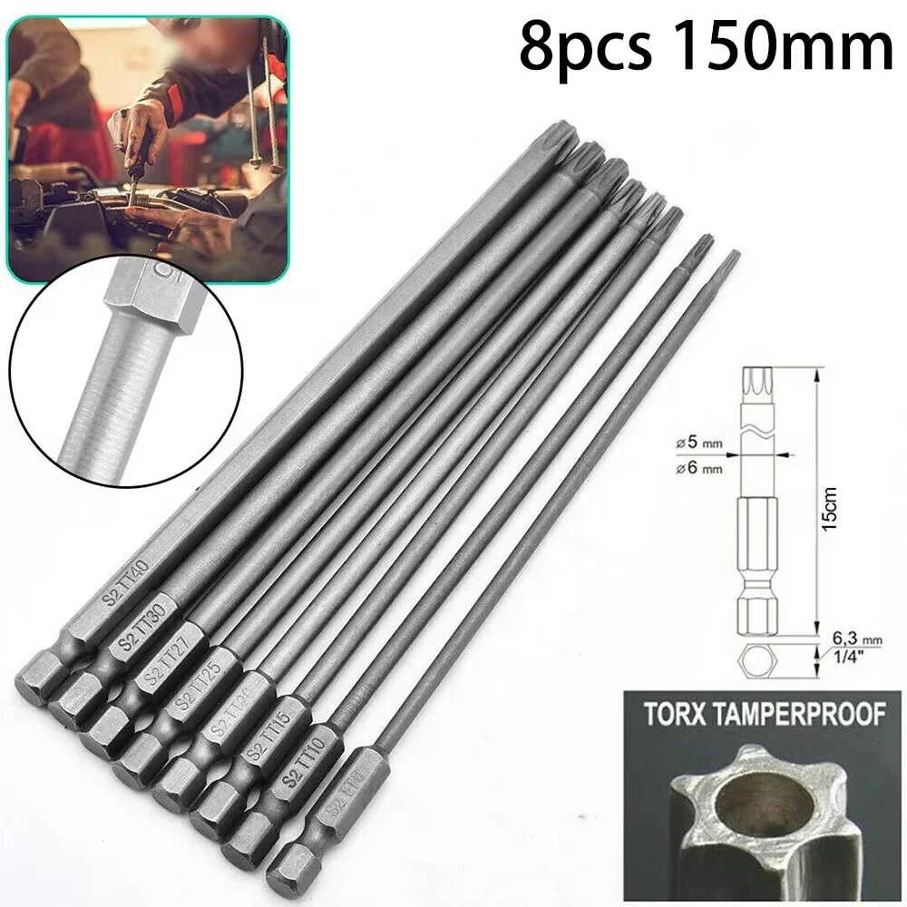 

8pcs/set 150mm 1/4" Magnetic Hex Shank T8~T40 Long Steel Torx Security Electric Screwdriver Bit Set