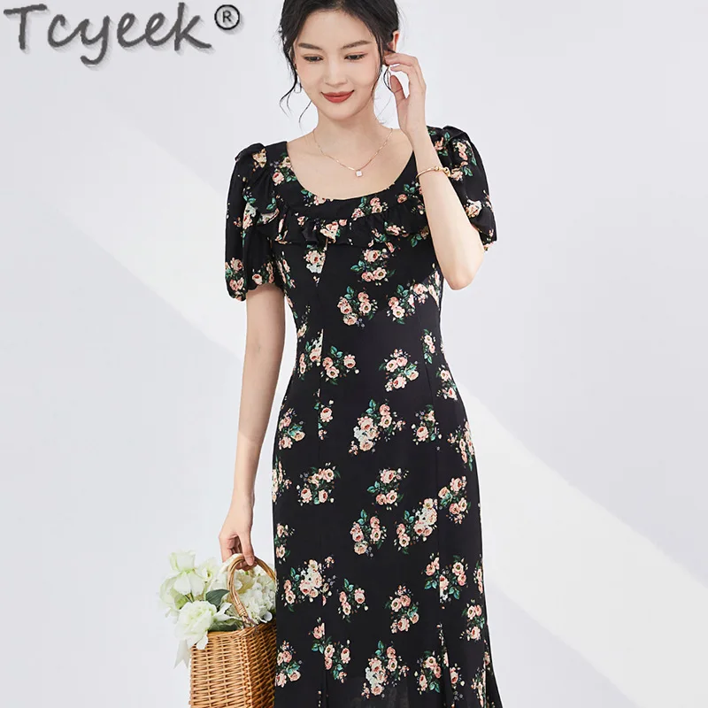 Tcyeek 100% Real Mulberry Silk Dress High-end Maxi Dresses for Women Clothing Elegant Women's Dress Fashion Summer Dresses 2024