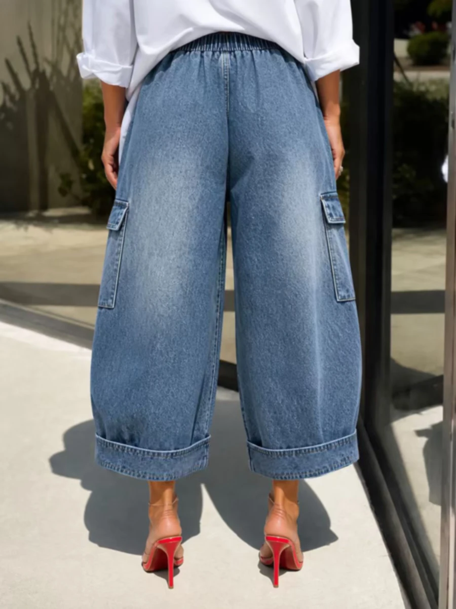 Freeacy Women Blue Denim Cargo Wide Leg Capri Pants Elastic High Waist Cropped Trousers 2026 Summer Casual Streetwear Jeans