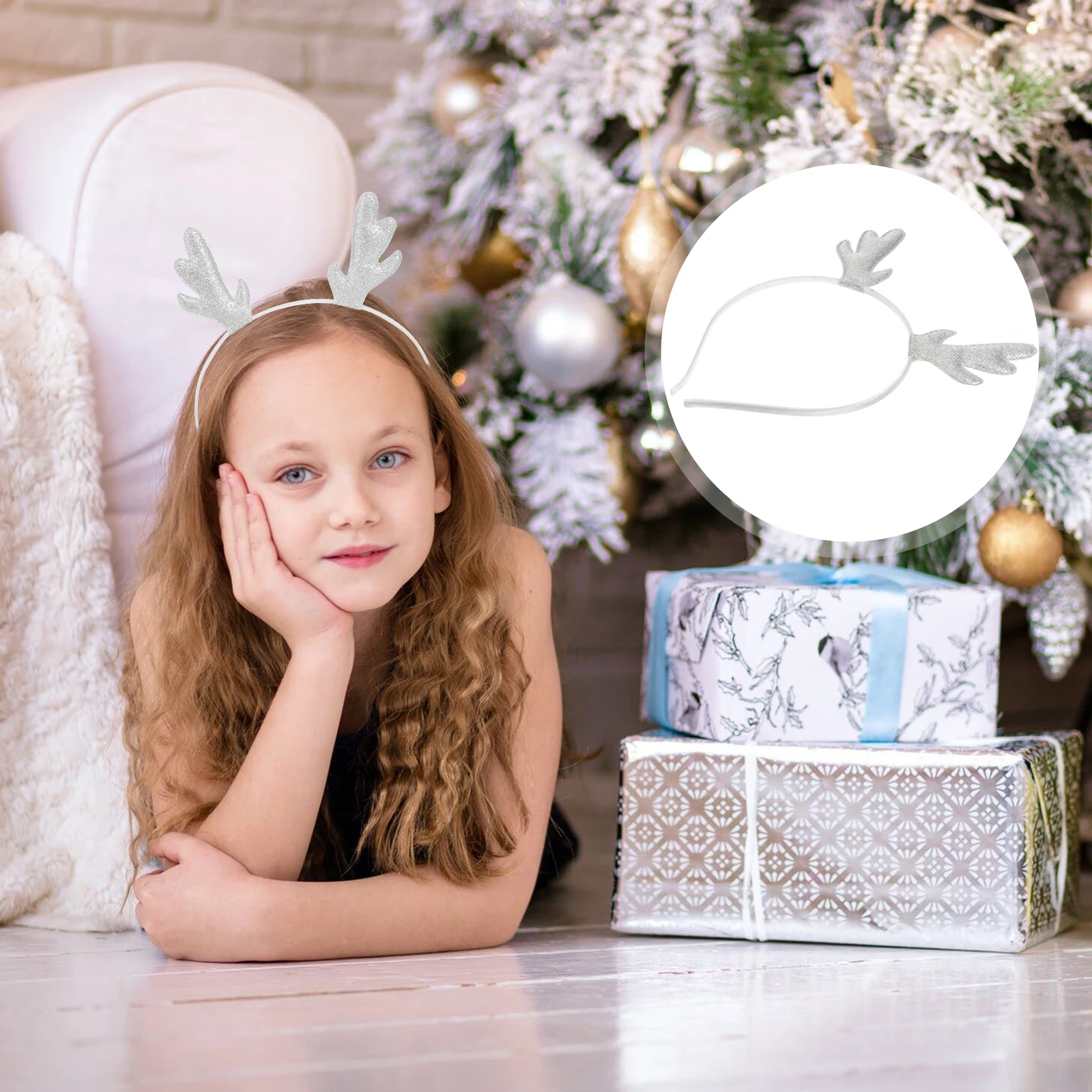 

Christmas Antler Headband with Pearl Trim Silver Tone Party Headwear Non-Deformation Design for Holiday Events Costume