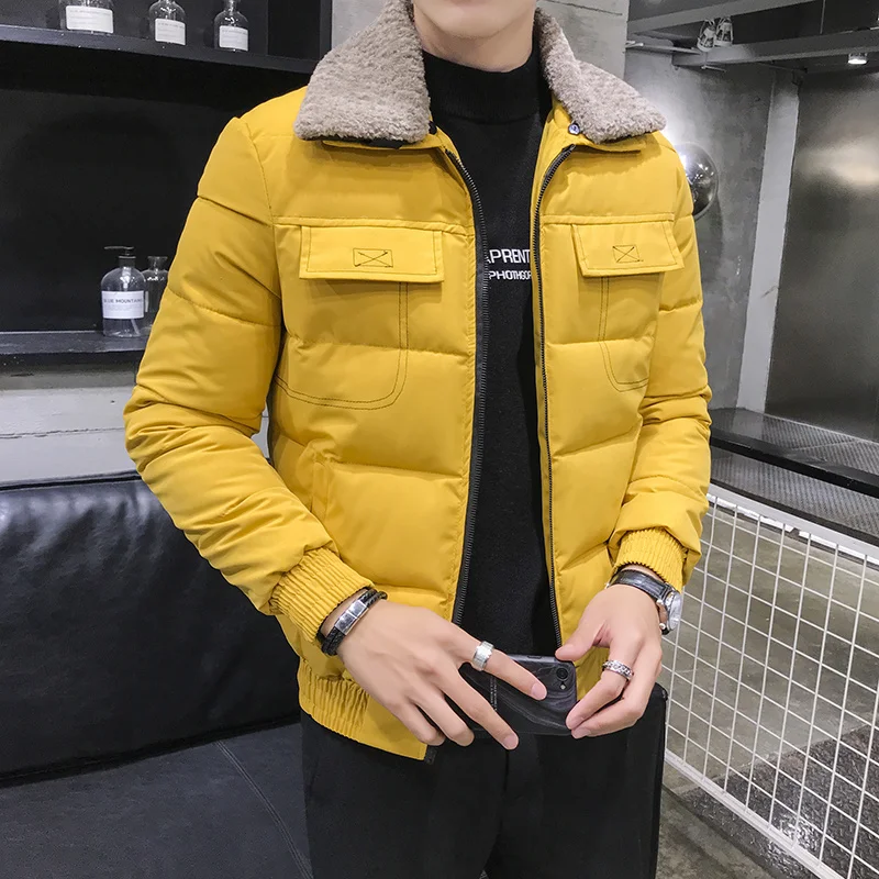 Männer Gefütterte Jacke Koreanische Mode Kleidung Winter Verdicken Warme Werkzeug Style Schlank Mantel Feste Wilden Lange Sleeve Zipper Outerwerar