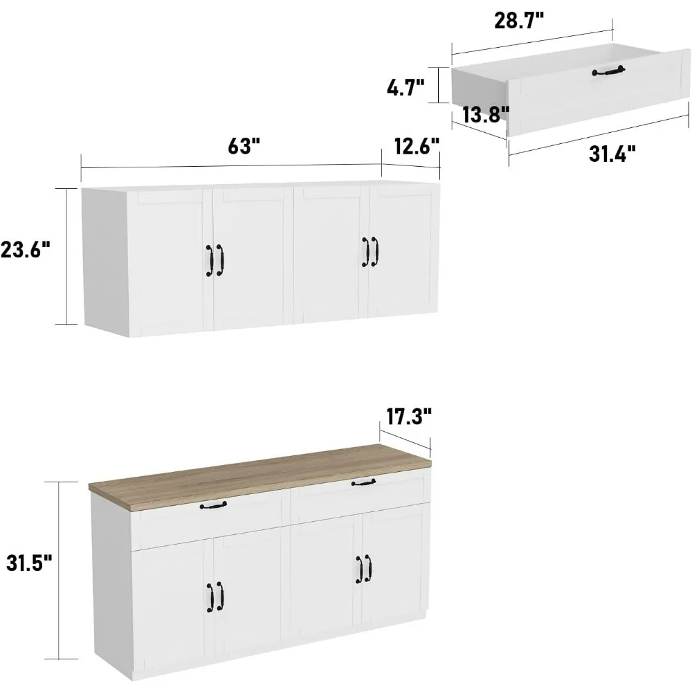 Mobiletto per dispensa da cucina, mobiletto da cucina a parete con piano di lavoro, mobiletto per dispensa in legno con cassetti e ante