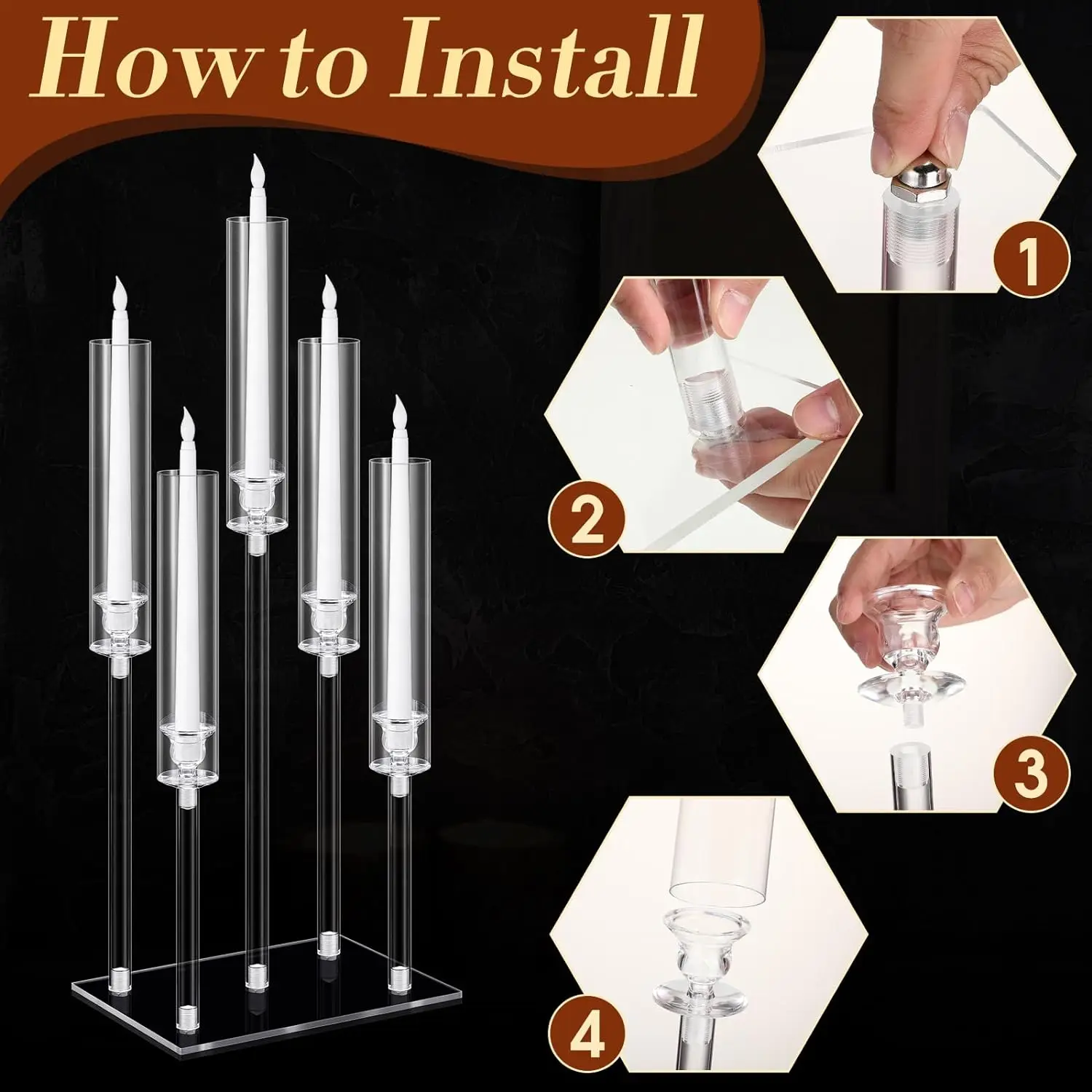 1 Set Acrylic Candelabra Centerpieces with LED Candles 5 Arm Clear Candle Holder Crystal Taper Candlestick with Rectangular Base