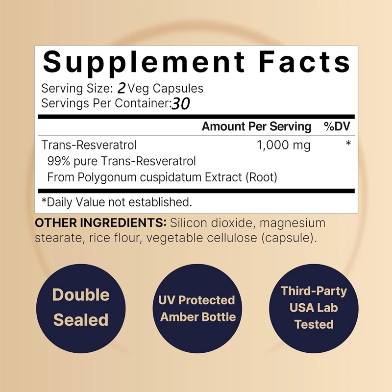 99% pure trans resveratrol 60 capsules, antioxidant, healthy aging, brain and heart support - non genetically modified