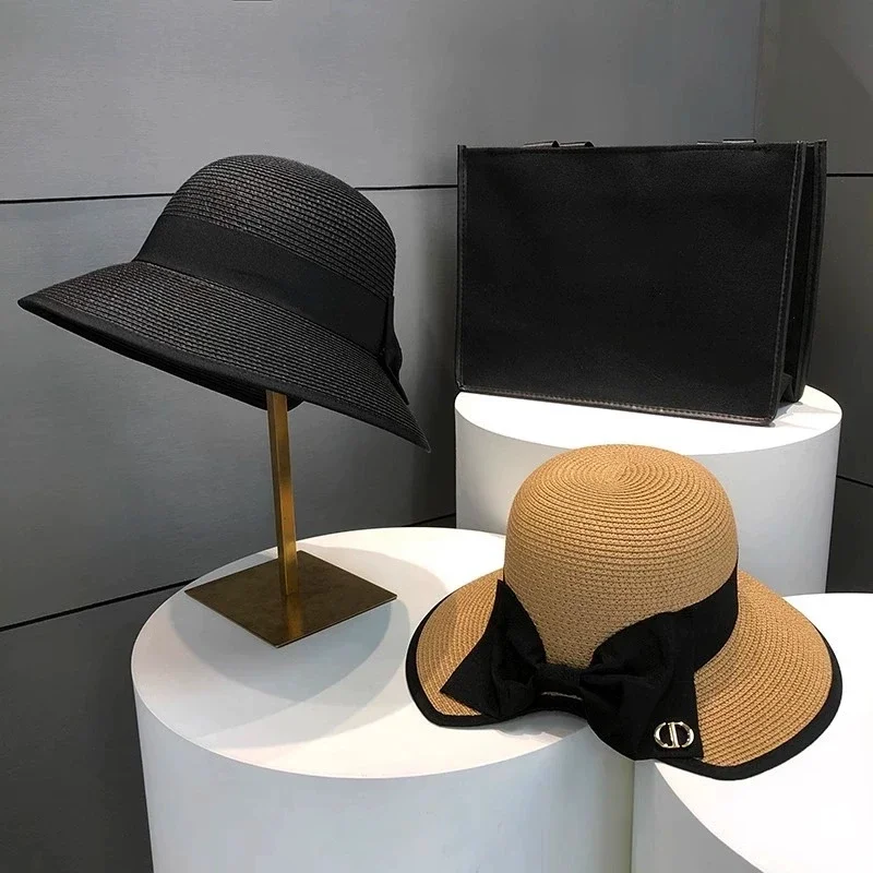 الصيف الفتيات قبعات للحماية من الشمس واسعة حافة Bowknot القش قبعة مع الشريط في الهواء الطلق حماية الشمس النساء القبعات بلون السيدات بنما قبعات #5
