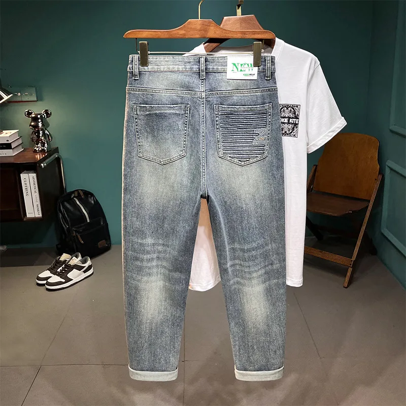 Young Men's Jeans Stretch All-Matching Loose Straight Casual Spring and Summer Street Fashion Pu Shuai Retro Trousers