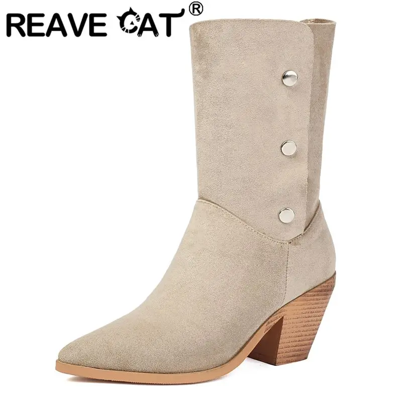 

REAVE CAT Black Women Mid Calf Boots Pointed Toe 7cm Chunky Heels Button Double Wear Flock Suede Large Size 44 45 46 Daily Bota