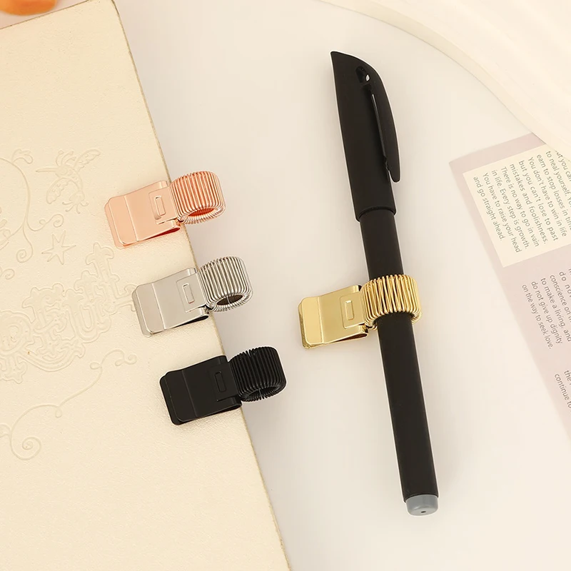 1pc Retro Gold Metal Spring Pen Clip - Creative Notebook Pen Holder for Student School Stationery