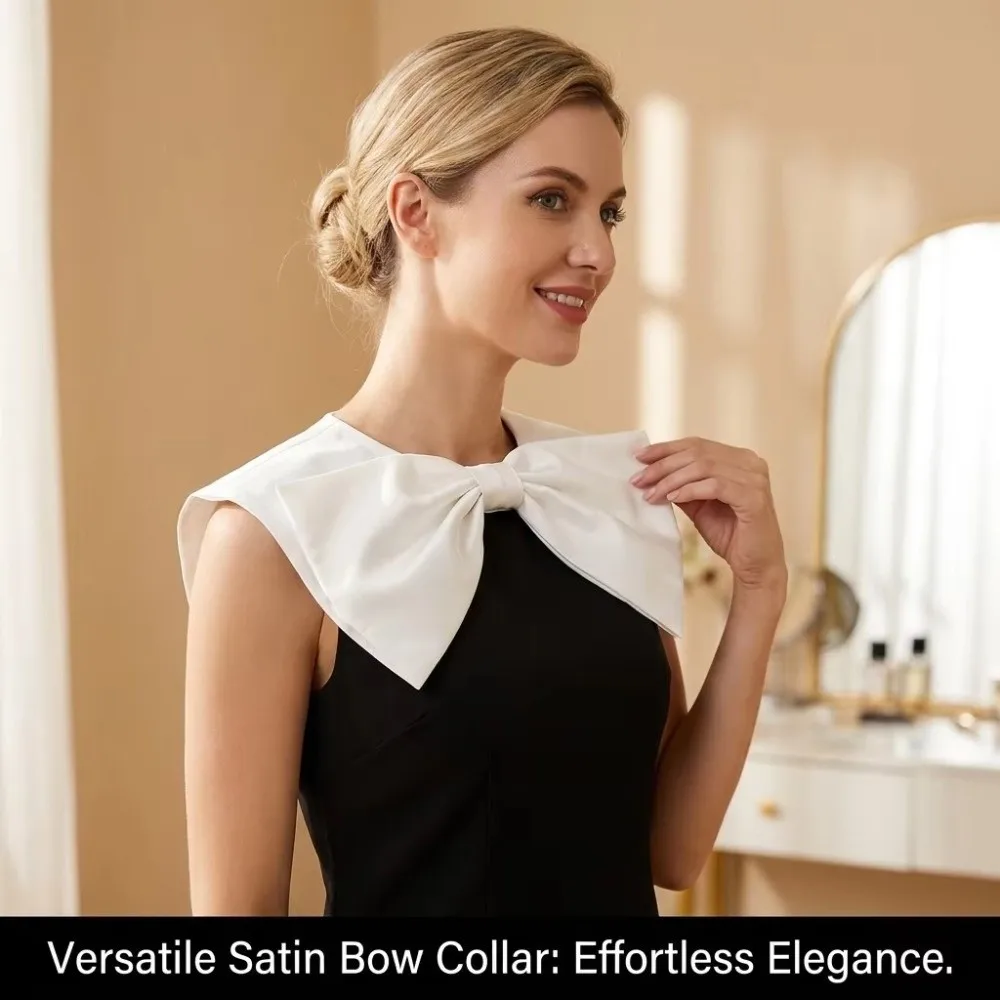 Satin Material Fake Collar Bow Design Detachable Decorative Collar Pearl Button Button Closure Fashion Accessory Casual Wear