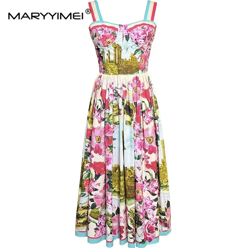 MARYYIMEI Fashion Design Women\'s Dress Square-Neck Spaghetti Strap Backless High waist Slim Print Pleated Cotton Dresses