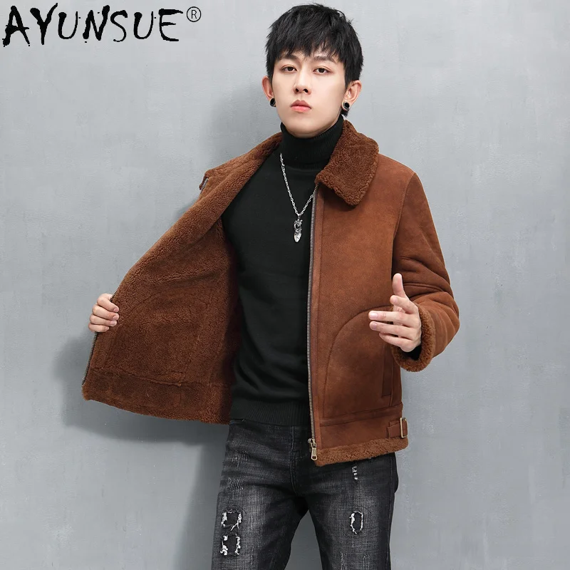 Winter 100% Leather Jacket Natural Fur Coat Men Short Vintage Warm Sheepskin Shearling Coats Veste Homme 2021 WPY4385