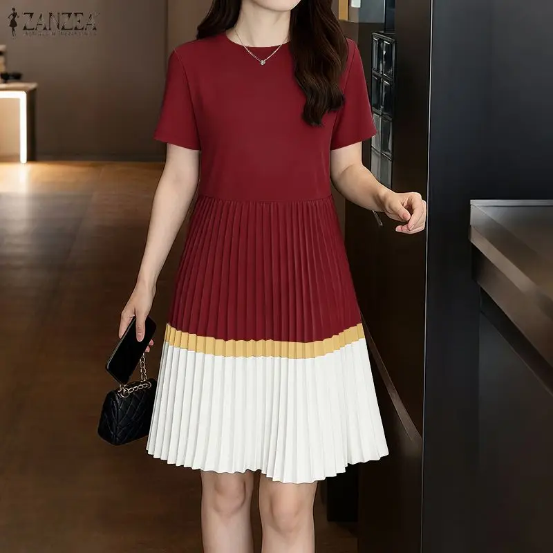 

Летнее платье ZANZEA 2026 для женщин: стильное, с плиссировкой, для вечеринок, повседневное, с коротким рукавом, до колена, элегантное, плиссированное