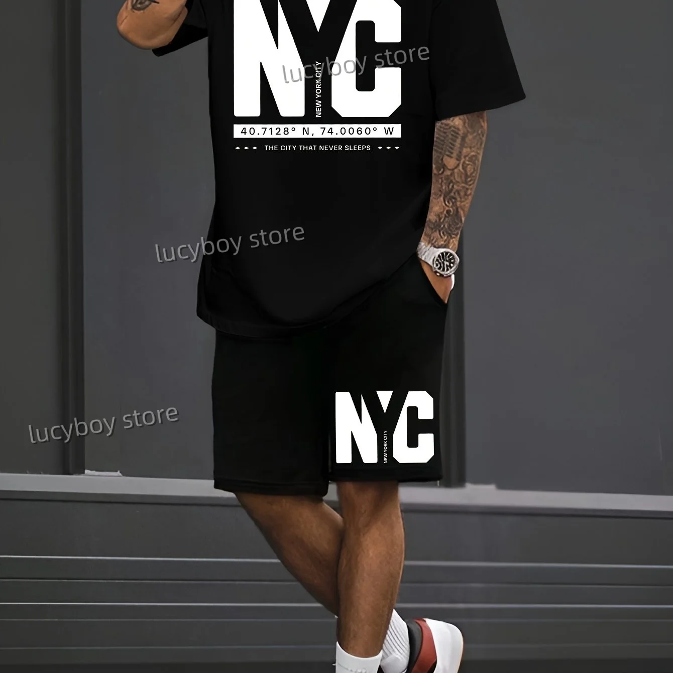 NC NEW YORK Brief Gedruckt Sport T-shirt + Shorts Anzug Set Männer Männlich Luxus Trainingsanzug Outfit Runing Übergroßen 2-teiliges Set Kleidung