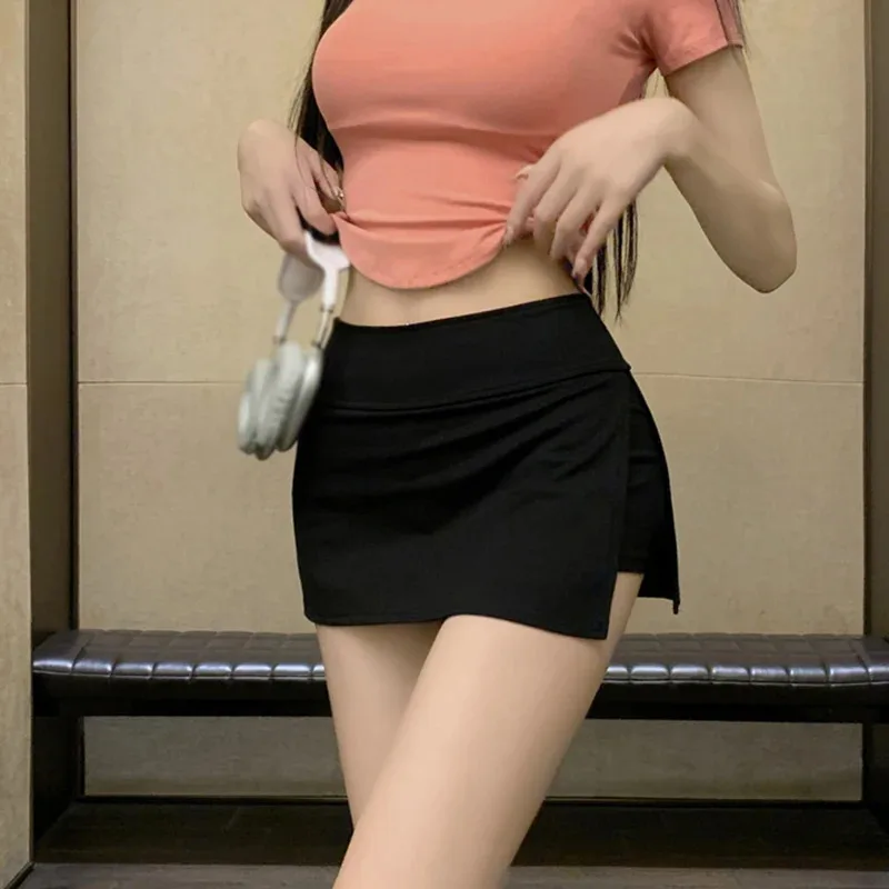 Women sexy low-waisted casual side split sports yoga solid color fashion slim wrap buttocks short skirts