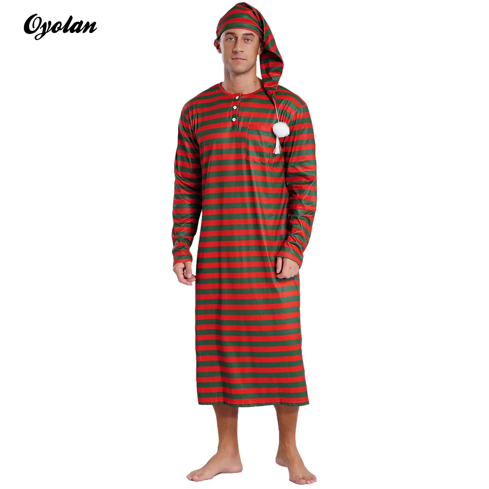 Mens Loose Long Robe Adjustable Hat with Pom-pom Striped Sleep Robe with Hat Set Long Sleeve Sissy Nightwear Christmas Sleepwear