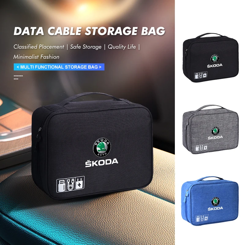 Car Travel USB Cable Storage Bag Hard Disk Charger Organizer For Skoda Fabia Kamiq Superb MK3 VisionS Yeti Scala Enyaq-iV