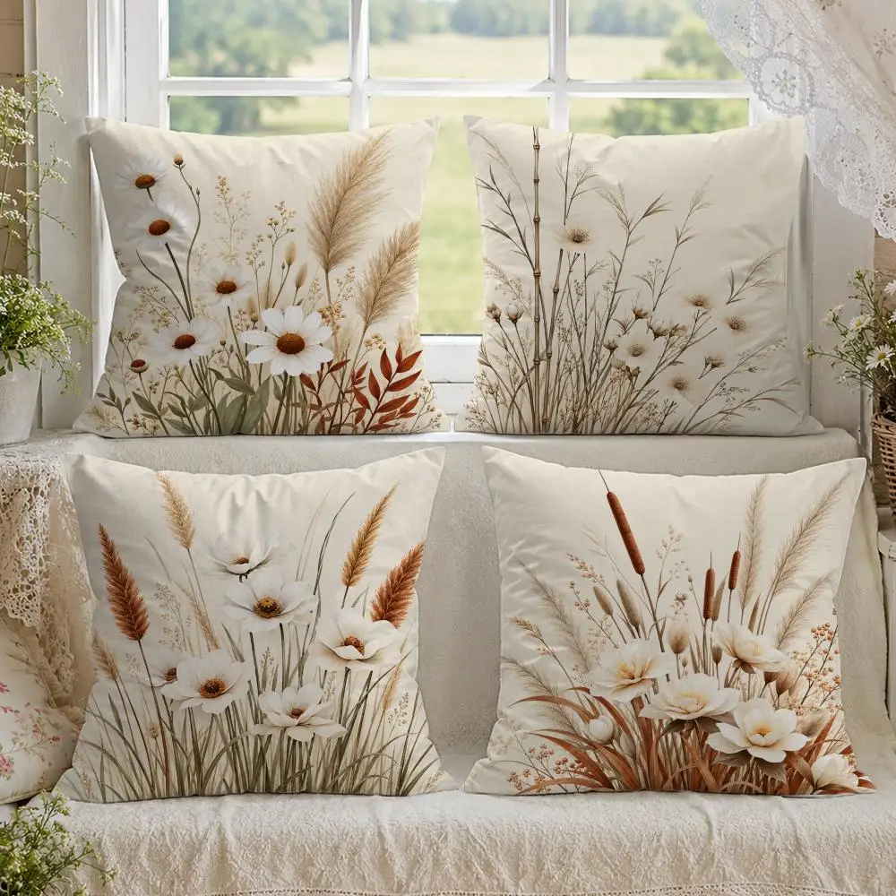Natural Reeds Daisies Pampas Grass Cushion Cover 1/4PCS Linen Sofa Couch Bedroom Living Room Home Office Decor Pillow Case
