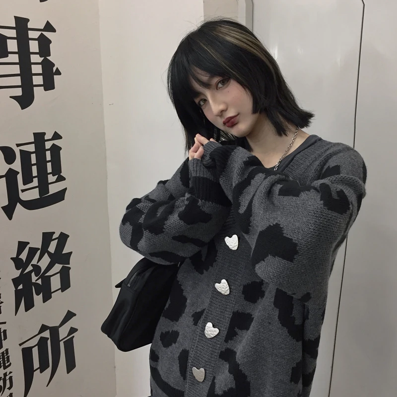 Imagem -05 - Suéter de Malha com Estampa Leopardo Feminino Cardigã Harajuku Streetwear Grande Estilo Gótico Macacão de Manga Comprida Moda 2023