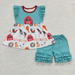 Wholesale Baby Girl Summer Farm Set Toddler Children Short Sleeves Cow Chicken Tunic Kid Ruffle Green Dots Shorts Outfit