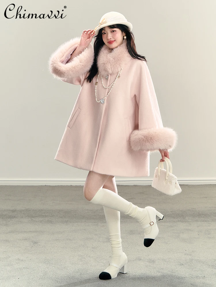 High-end Sweet Girl Pink Woolen Cape Coat 2024 Winter Clothes New Princess Style Single-breasted Loose Lolita Women's Coat