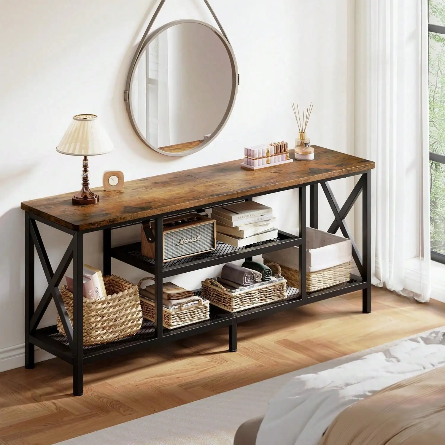 TV Stand For 55-65 Inch TVs, 60 TV Cabinet With 3 Tier Open Shelves, Entertainment Center TV Console Table With Metal Frame