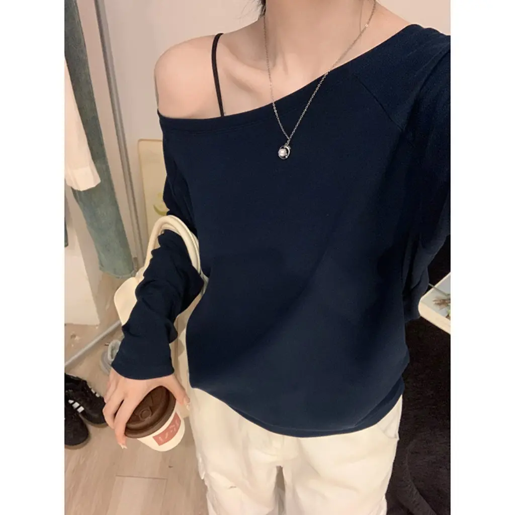 

Blue Long-Sleeved Shoulder T-shirt for Women Sexy Open Shoulder Design Loose Fit Early Autumn Top by Xizang Spice Girls
