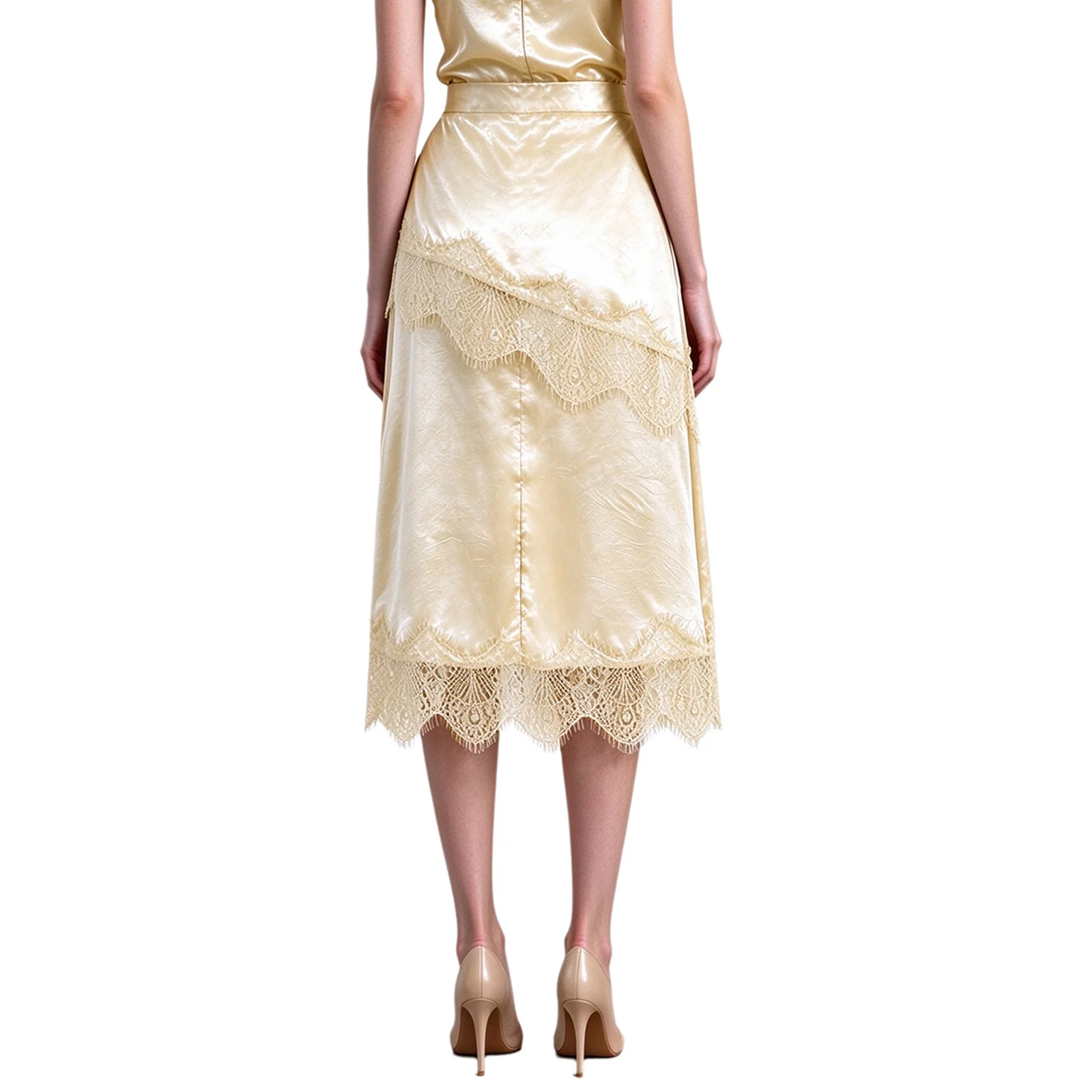 Women Lace Trim Satin Skirts Side Invisible Zipper Back Split Skirts for Casual Daily Life Cocktail Party Office Work