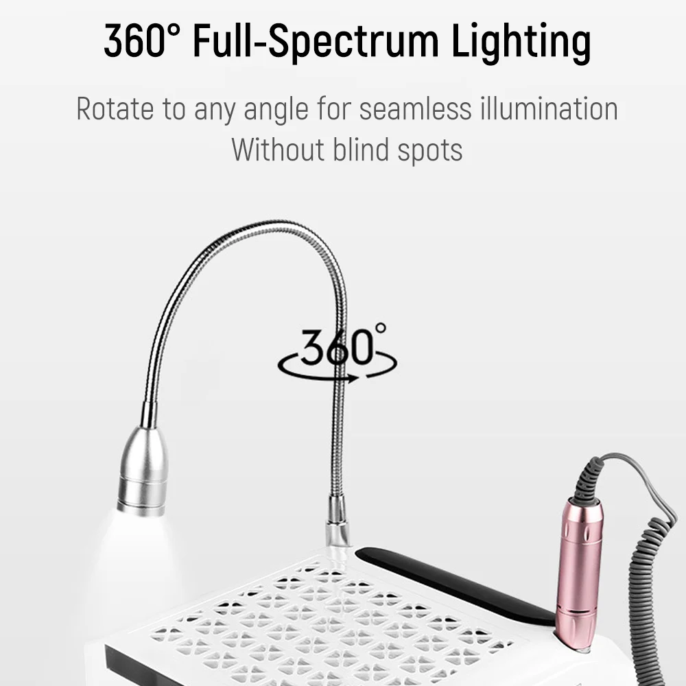 Aspirapolvere per manicure professionale 80W 4 IN 1 con lucidatore e lampada Forte aspirazione Illuminazione Trapano per unghie Collettore di polveri per unghie