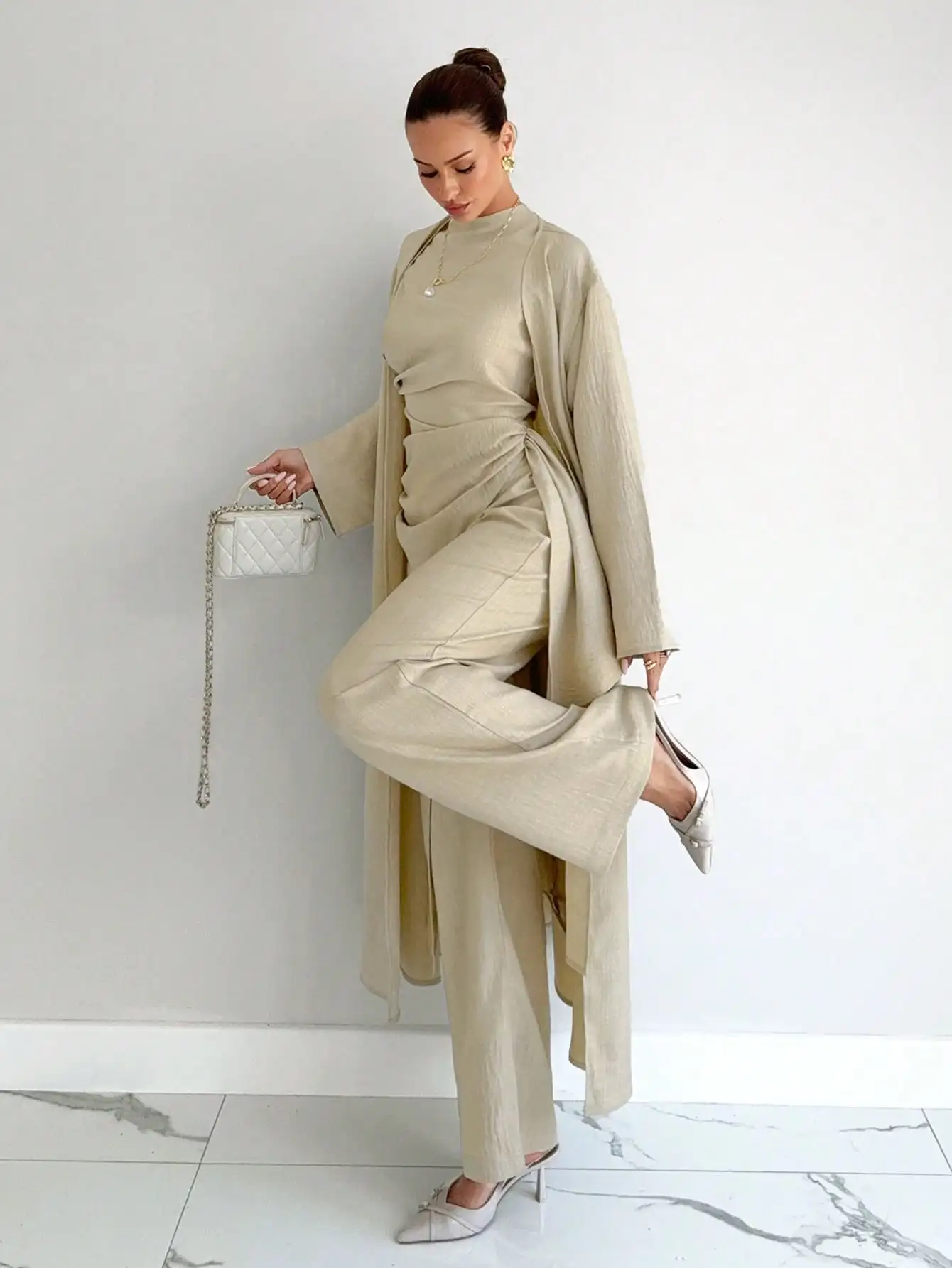

Apricot 3-Piece Set: Long Sleeve Top, Drape Jacket & Wide Leg Pants for Casual Fall Winter Wear