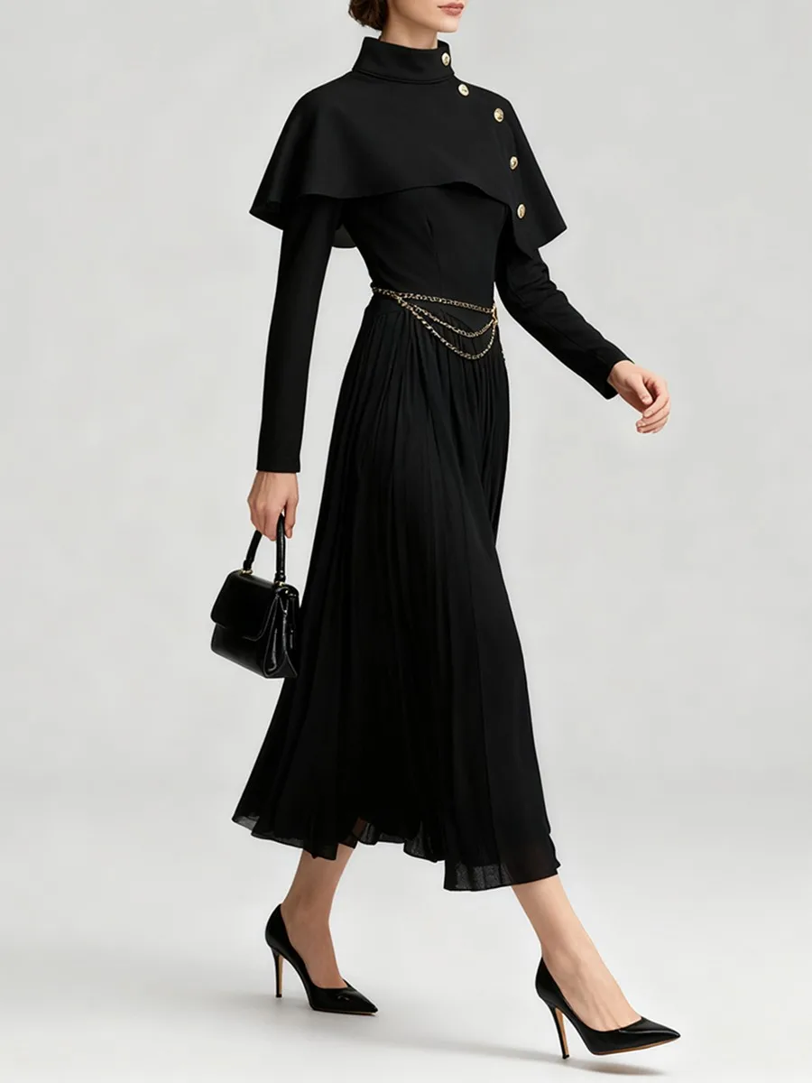 TWOTWINSTYLE الصلبة التخسيس قطعتين مجموعات للنساء س الرقبة تقسم أزرار معدنية شال الوقوف الرقبة طويلة الأكمام فستان مجموعة الإناث #4