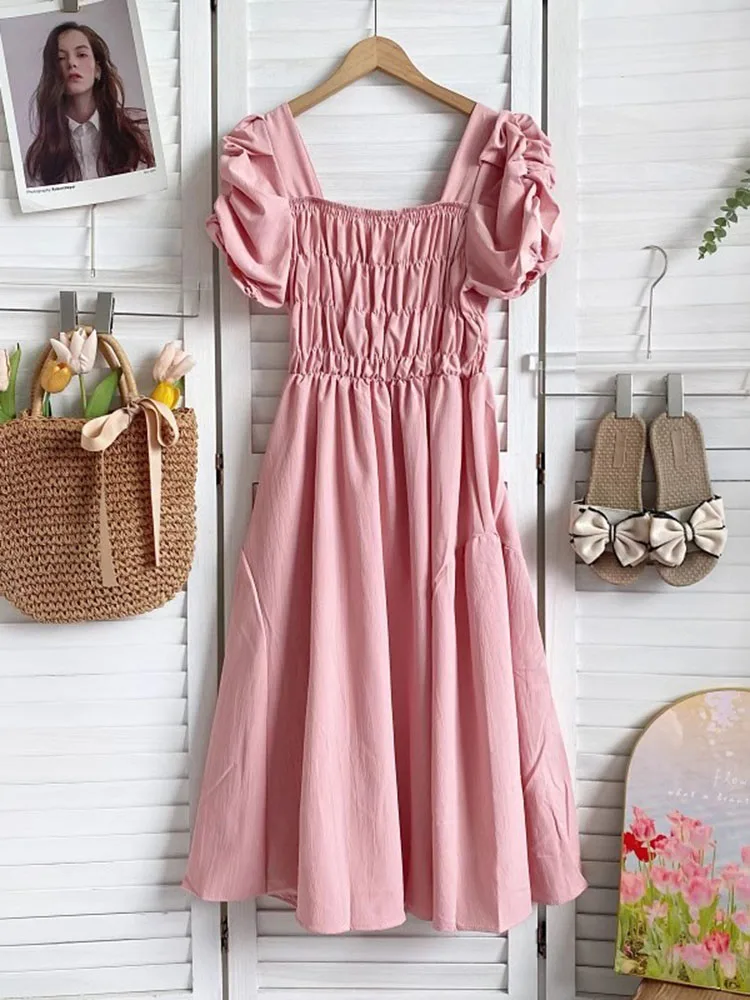 Mulheres midi vestido de verão casual sólido quadrado pescoço doce a linha vestido feminino moda férias boho praia vestidos elegantes