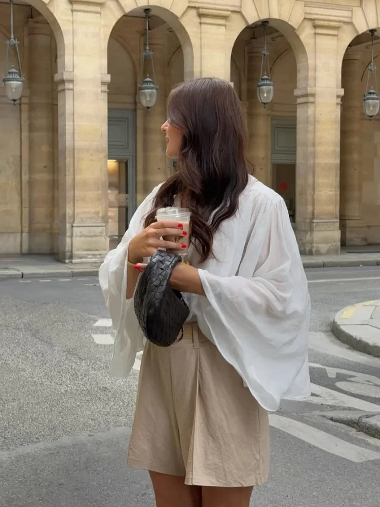 

Fashion Solid Color V Neck White Shirt Elegant Full Sleeves Single Breasted Casual Top 2025 New Autumn Street Blouse For Woman