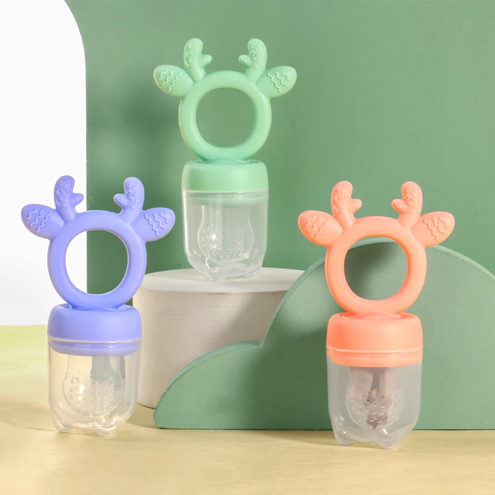 BPA Free Baby Fruit Food Feeder with Dust Cover Deer Silicone Teething Nibbler 3 Colors Toddler Vegetable Feeding Pacifier Teether Toy