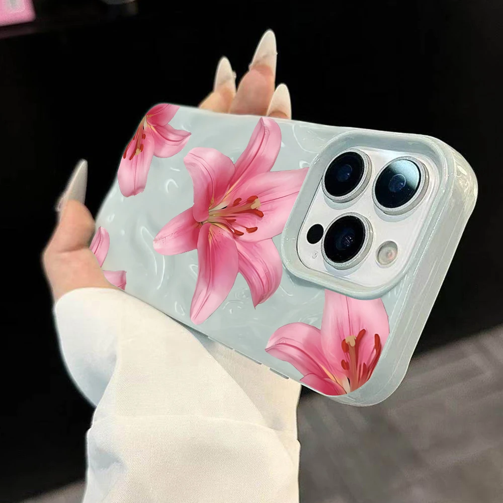 Luxuriöse Romantische Lilien-Blumen-Handyhülle für iPhone 17 16 15 14 13 12 11 Pro Max 14 Plus 17 Air Falten-Wellen Weiche Silikonhülle – Detail 1
