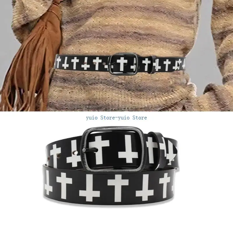 

X7XB Crosses Print Leather Belt Punk Waist Belt Vintage Buckle for Jeans Dress Unsiex