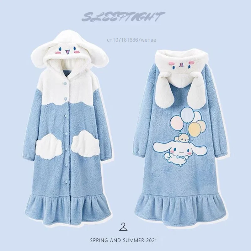 Sanrio Cinnamoroll Kawaii Hooded Home Long Pajamas Robe & Pants 2 Pcs Sets Winter Plush Cotton Thickened Warm Cartoon Pajamas