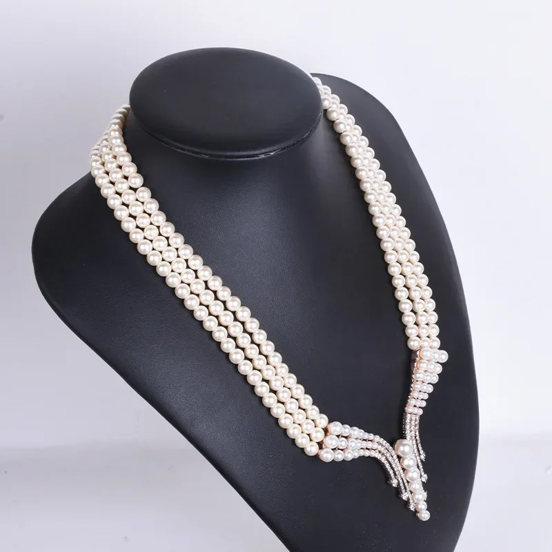 Crystal Layered Pearl Choker Necklace, Multilayer Big Collar De Ojo Turco Party Wedding Jewelry