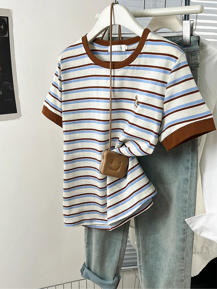 

Striped T-shirt Women 2024 New Summer Embroidered Short Sleeved T-shirt Loose Casual O-Neck Tops Fashionable Versatile