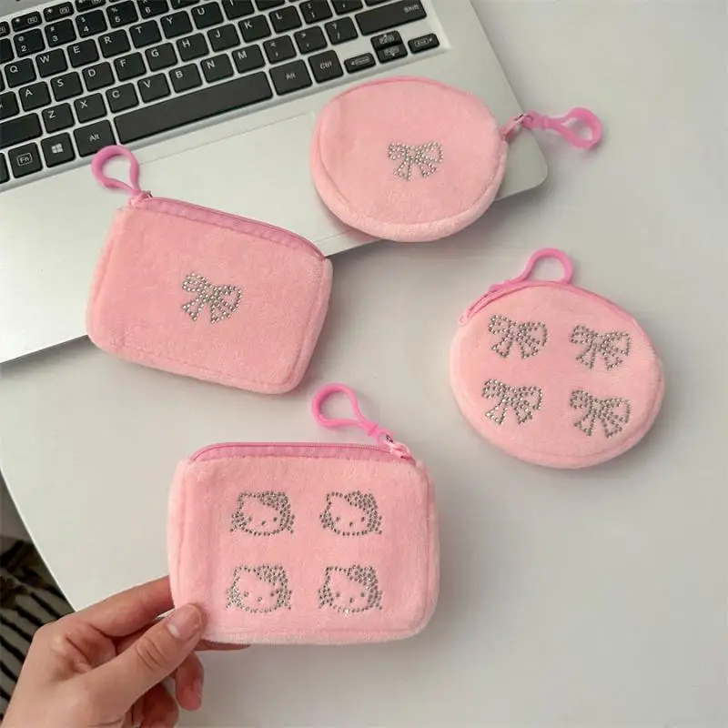 Sanrio Hello Kitty Kawaii Diamond Bow Pink Coin Purse Wallet Storage Bag Creative Peripheral Girl's Birthday Gift Decorations