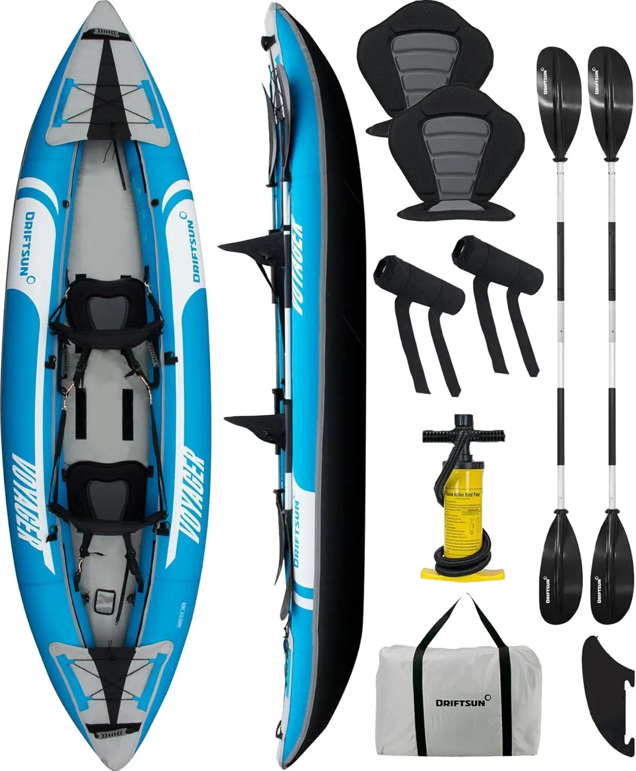 

Voyager Inflatable Kayak 2 Person Tandem, Foldable Kayaks for Adults Includes 2 Aluminum Paddles, 2 Padded Seats, Double Action