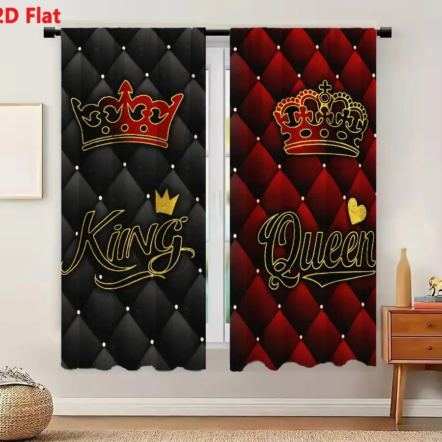 2Pcs Curtains Add 2D Flat Regal King Queen Crown Design With Quilted Leather Texture In Black Red And Gold Window Drapes for Bed