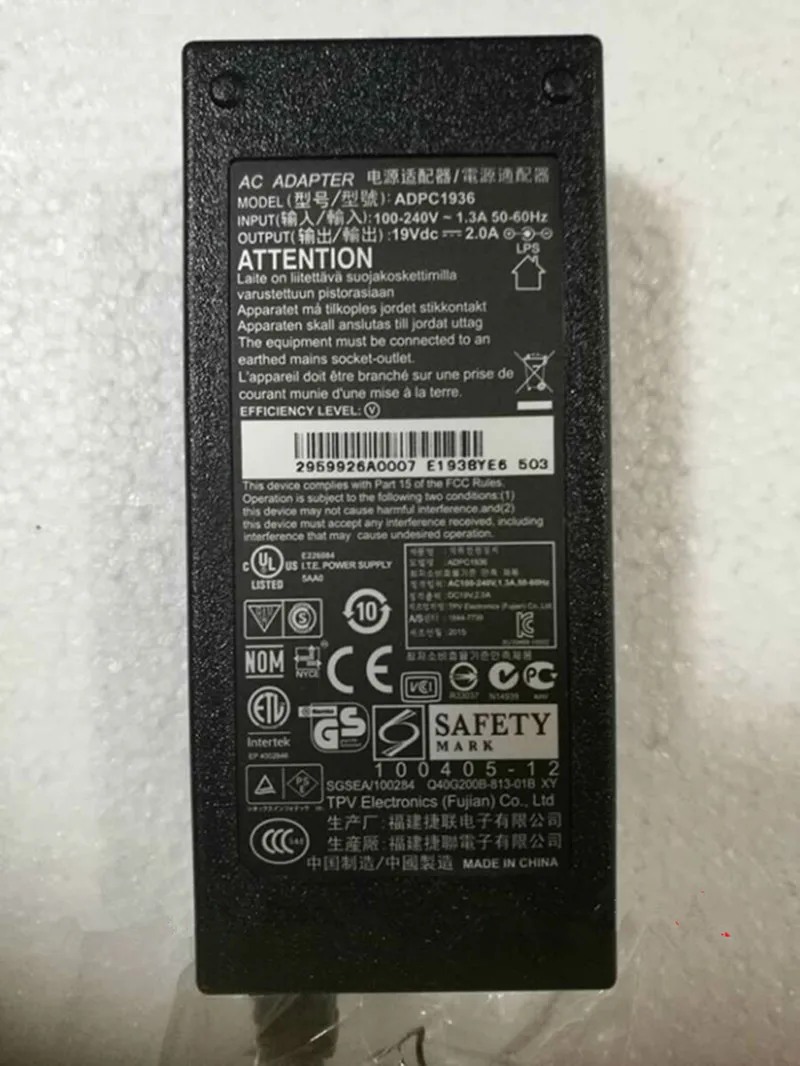 19V 2A 38W AC DC Adapter for Philips AOC I2381F 246E9QJA ADPC1936 276E9QHS 276E9QDS 234E5ES 274E5ES 247E6 LCD Monitor Charger