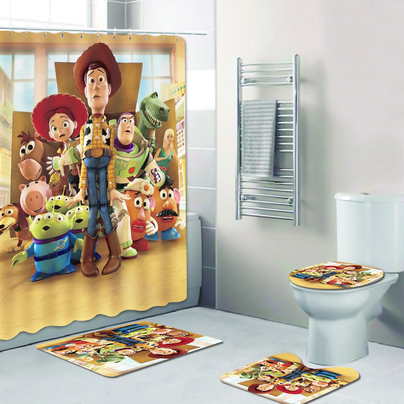 Disney Toy Story Cute Anime 4 Pcs Shower Curtain Bathroom Accessories Full Set Mats Luxury Decorations Gifts for Boy