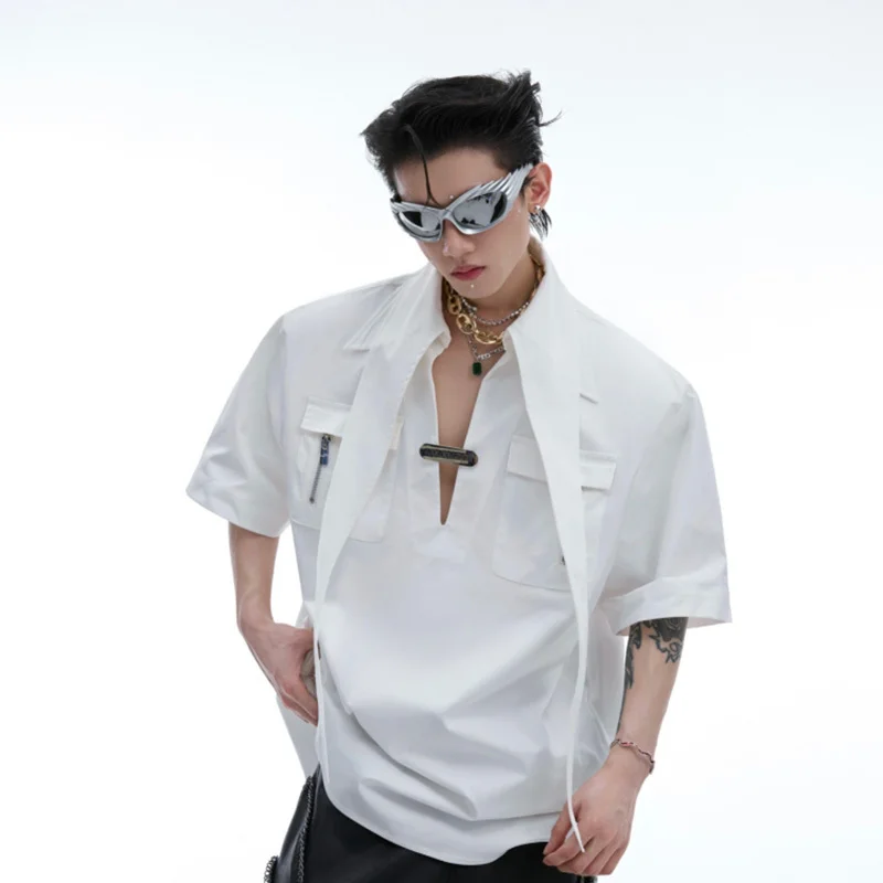 FEWQ Niche Deconstruction Collar Design Shirt Metal Simple Versatile Short Sleeved Solid Color 2024 Male Tops Fashion 24E1534