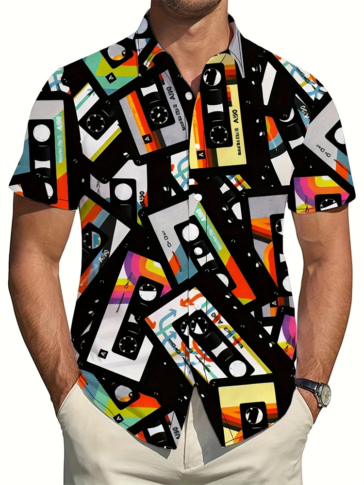 

Men Retro Cassette Printed Short-sleeved Shirt Casual Summer Button Shirt T-shirt Lightweight and Breathable Beach Outdoor Shirt