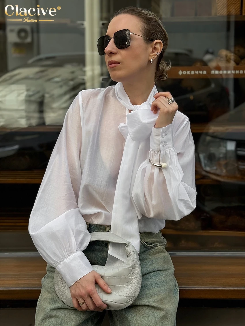 

Clacive Sexy Loose White Women's Shirt 2025 Fashion Bow Collar Long Sleeve Shirts Elegant Classic Solid Tops Female Clothing