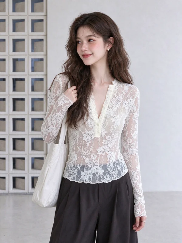 Pure Desire Lace Hollow out Long Sleeve V-Neck T-Shirt Women's Base Shirt Light Maturity Unique Style Top for Autumn