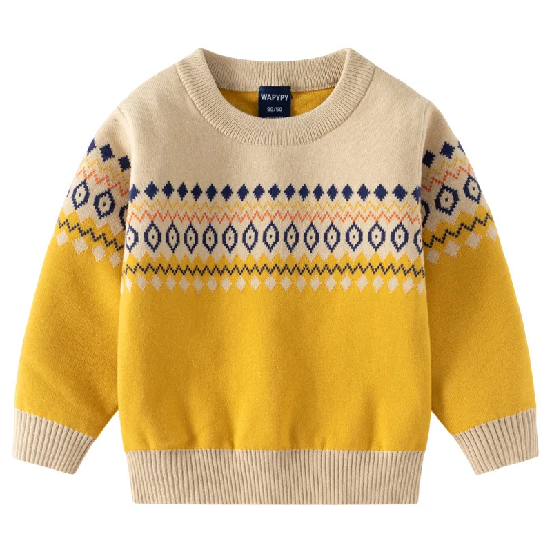 Korean Children Boy Sweater Cotton Argyle Wave Toddler Boys Pullovers 2024 Velvet Round Collar Elastic Hem Infant Boy Undershirt